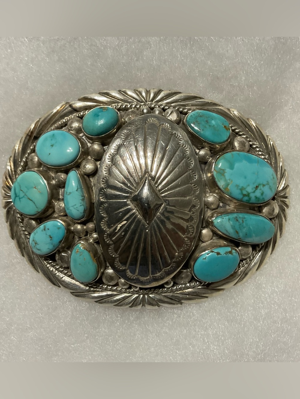 Stover Paul Sterling Navajo-Style Belt Buckle Turquoise Cabochons